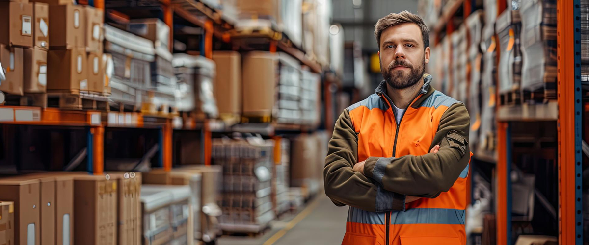 Various types of packaging materials including cardboard boxes, bubble wrap, poly mailers, and shipping labels fall under packaging types covered by pEPR regulations. Young male worker in hardhat and orange vest pushing a storage cart filled with shipment boxes in a storeroom